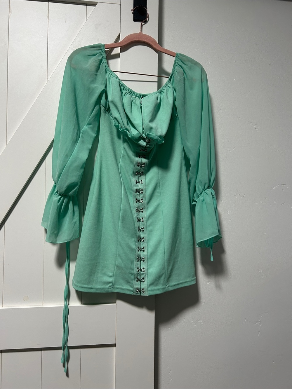 PrettyLittleThing Mint Green Corset Front Peasant top mini dress